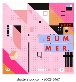 Trendy vector summer cards illustration with line elements and abstract colorful textures. Design for poster, card, invitation, brochure, and promotion template. Fashion art print and background.