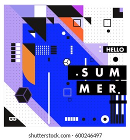 Trendy vector summer cards illustration with line elements and abstract colorful textures. Design for poster, card, invitation, brochure, and promotion template. Fashion art print and background.
