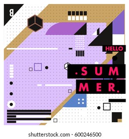 Trendy vector summer cards illustration with line elements and abstract colorful textures. Design for poster, card, invitation, brochure, and promotion template. Fashion art print and background.