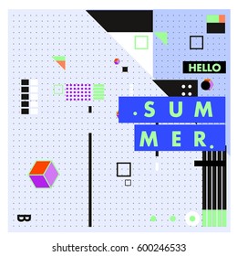 Trendy vector summer cards illustration with line elements and abstract colorful textures. Design for poster, card, invitation, brochure, and promotion template. Fashion art print and background.