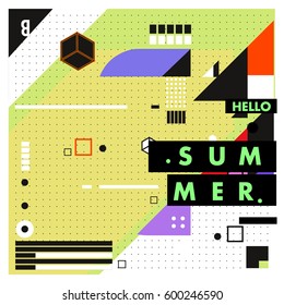 Trendy vector summer cards illustration with line elements and abstract colorful textures. Design for poster, card, invitation, brochure, and promotion template. Fashion art print and background.