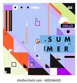 Trendy vector summer cards illustration with line elements and abstract colorful textures. Design for poster, card, invitation, brochure, and promotion template. Fashion art print and background.