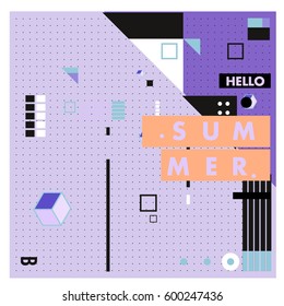 Trendy vector summer cards illustration with line elements and abstract colorful textures. Design for poster, card, invitation, brochure, and promotion template. Fashion art print and background.