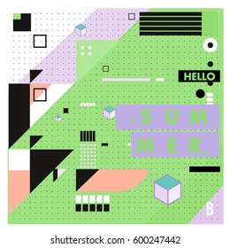 Trendy vector summer cards illustration with line elements and abstract colorful textures. Design for poster, card, invitation, brochure, and promotion template. Fashion art print and background.