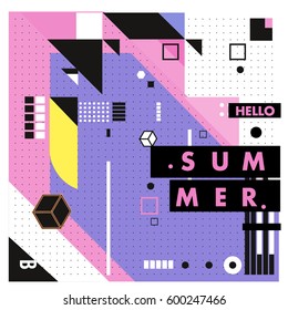 Trendy vector summer cards illustration with line elements and abstract colorful textures. Design for poster, card, invitation, brochure, and promotion template. Fashion art print and background.