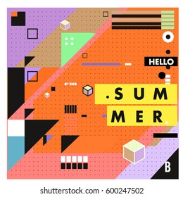 Trendy vector summer cards illustration with line elements and abstract colorful textures. Design for poster, card, invitation, brochure, and promotion template. Fashion art print and background.