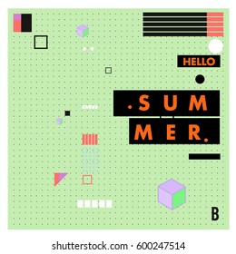 Trendy vector summer cards illustration with line elements and abstract colorful textures. Design for poster, card, invitation, brochure, and promotion template. Fashion art print and background.