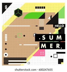 Trendy vector summer cards illustration with line elements and abstract colorful textures. Design for poster, card, invitation, brochure, and promotion template. Fashion art print and background.