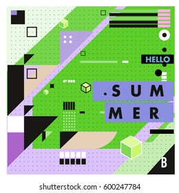 Trendy vector summer cards illustration with line elements and abstract colorful textures. Design for poster, card, invitation, brochure, and promotion template. Fashion art print and background.