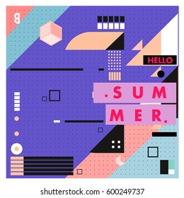 Trendy vector summer cards illustration with line elements and abstract colorful textures. Design for poster, card, invitation, brochure, and promotion template. Fashion art print and background.
