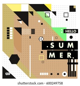 Trendy vector summer cards illustration with line elements and abstract colorful textures. Design for poster, card, invitation, brochure, and promotion template. Fashion art print and background.
