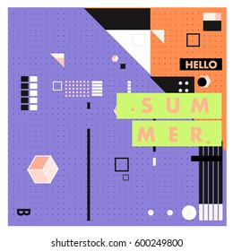 Trendy vector summer cards illustration with line elements and abstract colorful textures. Design for poster, card, invitation, brochure, and promotion template. Fashion art print and background.