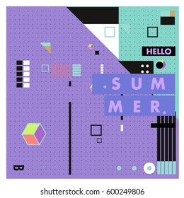 Trendy vector summer cards illustration with line elements and abstract colorful textures. Design for poster, card, invitation, brochure, and promotion template. Fashion art print and background.