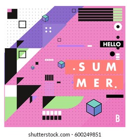 Trendy vector summer cards illustration with line elements and abstract colorful textures. Design for poster, card, invitation, brochure, and promotion template. Fashion art print and background.