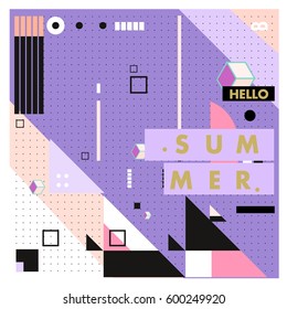 Trendy vector summer cards illustration with line elements and abstract colorful textures. Design for poster, card, invitation, brochure, and promotion template. Fashion art print and background.