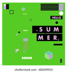 Trendy vector summer cards illustration with line elements and abstract colorful textures. Design for poster, card, invitation, brochure, and promotion template. Fashion art print and background.