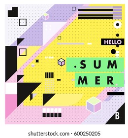 Trendy vector summer cards illustration with line elements and abstract colorful textures. Design for poster, card, invitation, brochure, and promotion template. Fashion art print and background.