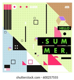 Trendy vector summer cards illustration with line elements and abstract colorful textures. Design for poster, card, invitation, brochure, and promotion template. Fashion art print and background.
