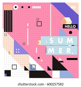 Trendy vector summer cards illustration with line elements and abstract colorful textures. Design for poster, card, invitation, brochure, and promotion template. Fashion art print and background.