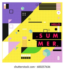 Trendy vector summer cards illustration with line elements and abstract colorful textures. Design for poster, card, invitation, brochure, and promotion template. Fashion art print and background.