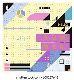 Trendy vector summer cards illustration with line elements and abstract colorful textures. Design for poster, card, invitation, brochure, and promotion template. Fashion art print and background.