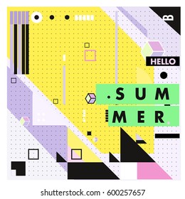 Trendy vector summer cards illustration with line elements and abstract colorful textures. Design for poster, card, invitation, brochure, and promotion template. Fashion art print and background.
