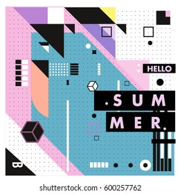Trendy vector summer cards illustration with line elements and abstract colorful textures. Design for poster, card, invitation, brochure, and promotion template. Fashion art print and background.