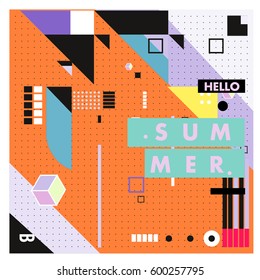 Trendy vector summer cards illustration with line elements and abstract colorful textures. Design for poster, card, invitation, brochure, and promotion template. Fashion art print and background.