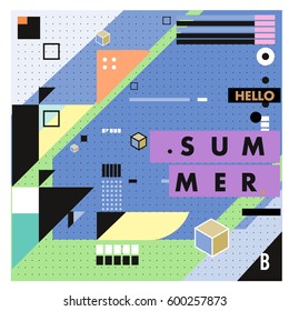 Trendy vector summer cards illustration with line elements and abstract colorful textures. Design for poster, card, invitation, brochure, and promotion template. Fashion art print and background.