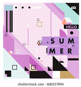 Trendy vector summer cards illustration with line elements and abstract colorful textures. Design for poster, card, invitation, brochure, and promotion template. Fashion art print and background.