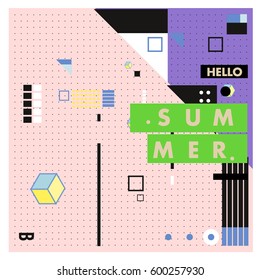Trendy vector summer cards illustration with line elements and abstract colorful textures. Design for poster, card, invitation, brochure, and promotion template. Fashion art print and background.