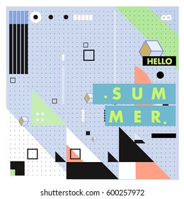 Trendy vector summer cards illustration with line elements and abstract colorful textures. Design for poster, card, invitation, brochure, and promotion template. Fashion art print and background.