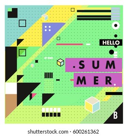 Trendy vector summer cards illustration with line elements and abstract colorful textures. Design for poster, card, invitation, brochure, and promotion template. Fashion art print and background.