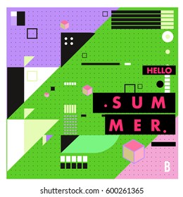 Trendy vector summer cards illustration with line elements and abstract colorful textures. Design for poster, card, invitation, brochure, and promotion template. Fashion art print and background.