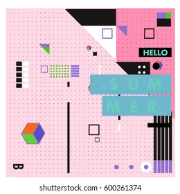 Trendy vector summer cards illustration with line elements and abstract colorful textures. Design for poster, card, invitation, brochure, and promotion template. Fashion art print and background.