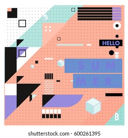 Trendy vector summer cards illustration with line elements and abstract colorful textures. Design for poster, card, invitation, brochure, and promotion template. Fashion art print and background.