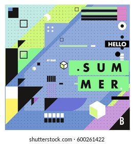 Trendy vector summer cards illustration with line elements and abstract colorful textures. Design for poster, card, invitation, brochure, and promotion template. Fashion art print and background.