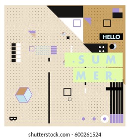 Trendy vector summer cards illustration with line elements and abstract colorful textures. Design for poster, card, invitation, brochure, and promotion template. Fashion art print and background.