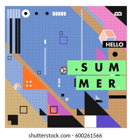 Trendy vector summer cards illustration with line elements and abstract colorful textures. Design for poster, card, invitation, brochure, and promotion template. Fashion art print and background.