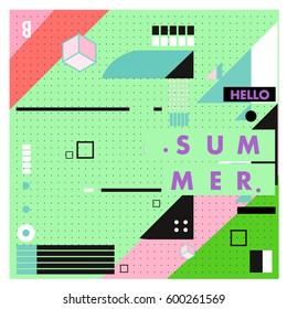Trendy vector summer cards illustration with line elements and abstract colorful textures. Design for poster, card, invitation, brochure, and promotion template. Fashion art print and background.