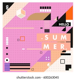 Trendy vector summer cards illustration with line elements and abstract colorful textures. Design for poster, card, invitation, brochure, and promotion template. Fashion art print and background.