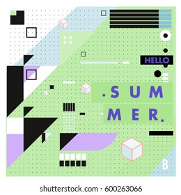 Trendy vector summer cards illustration with line elements and abstract colorful textures. Design for poster, card, invitation, brochure, and promotion template. Fashion art print and background.