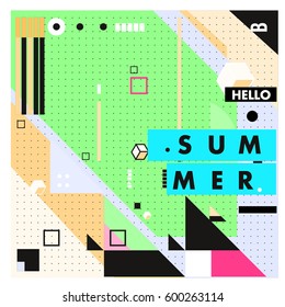 Trendy vector summer cards illustration with line elements and abstract colorful textures. Design for poster, card, invitation, brochure, and promotion template. Fashion art print and background.