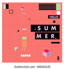 Trendy vector summer cards illustration with line elements and abstract colorful textures. Design for poster, card, invitation, brochure, and promotion template. Fashion art print and background.