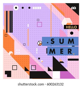 Trendy vector summer cards illustration with line elements and abstract colorful textures. Design for poster, card, invitation, brochure, and promotion template. Fashion art print and background.