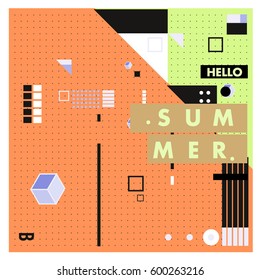 Trendy vector summer cards illustration with line elements and abstract colorful textures. Design for poster, card, invitation, brochure, and promotion template. Fashion art print and background.