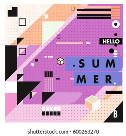 Trendy vector summer cards illustration with line elements and abstract colorful textures. Design for poster, card, invitation, brochure, and promotion template. Fashion art print and background.