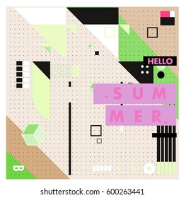 Trendy vector summer cards illustration with line elements and abstract colorful textures. Design for poster, card, invitation, brochure, and promotion template. Fashion art print and background.