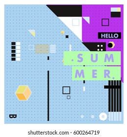 Trendy vector summer cards illustration with line elements and abstract colorful textures. Design for poster, card, invitation, brochure, and promotion template. Fashion art print and background.
