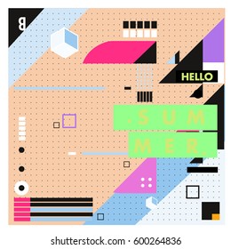 Trendy vector summer cards illustration with line elements and abstract colorful textures. Design for poster, card, invitation, brochure, and promotion template. Fashion art print and background.
